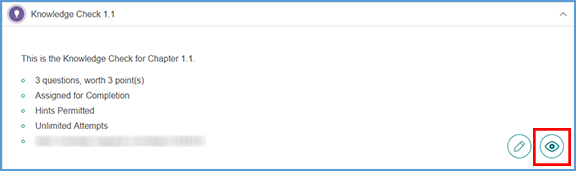 To the right of the assignment details, the eye icon at the bottom corner allows you to preview the assignment. This preview recaps the settings for the assignment and displays all questions available within in it.