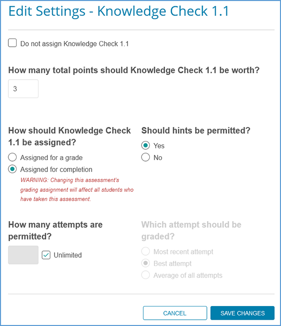 The "Edit Settings" window for the assignment looks similar to the global settings menu you saw during course creation. The top of the window shows the assignment's name, so any changes made to the assignment will apply to only this specific assignment.