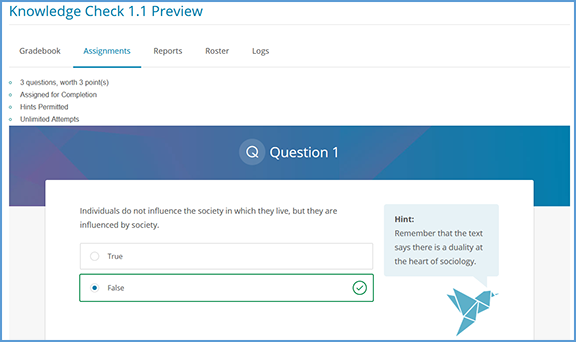 The assignment Preview repeats the assignment's settings. It also displays all questions found within the assignment.