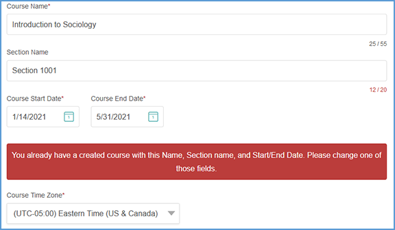 When you copy a course, you will be prompted to change the Course Name, Section Name, or Start/End Dates.