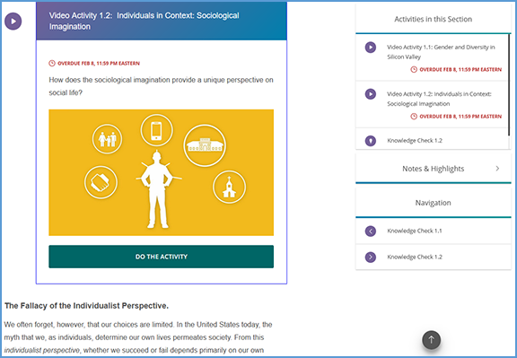 When you click "Go to Section" for an activity, it takes you to the location of that activity within the text. This view is in Student Preview Mode.