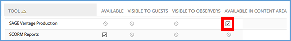 Location the Sage Vantage LTI tool in the list. Check the box under "Available in Content Area" then click Submit at the bottom right of the page to make the tool available in your course.