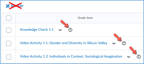 Grade items that are excluded from the final grade will have an exclamation point following the assignment's title. While there is a Bulk Edit option on this page, it does not work to change the Vantage assignment settings. You will make the change elsewhere.