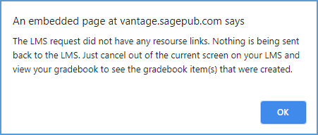 This image shows the pop-up message that gradebook items were created, but no actual links were created in the LMS course.