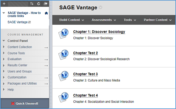 This image shows some Vantage links in a content module in Blackboard original course view.