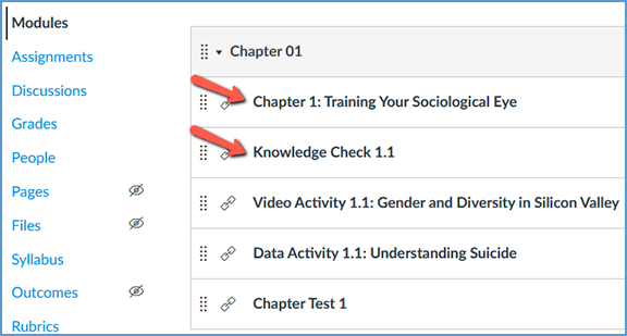 Click any Vantage link in a module within your LMS course. This image highlights a couple of examples of Vantage links in a module (a chapter reading link and a knowledge check).