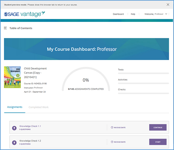 The Student View shows the student's dashboard including progress in activities, knowledge checks and tests.