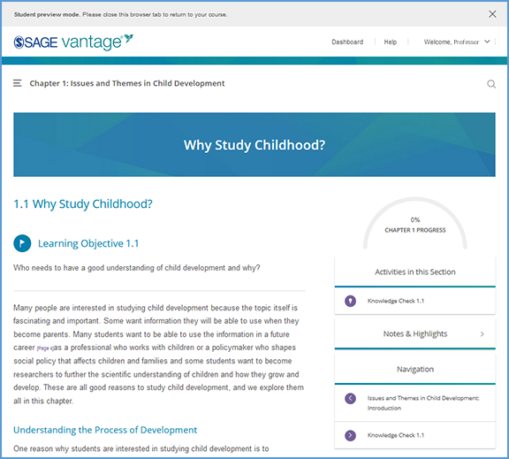 The Student View shows all content including chapter progress just as a student would see it.