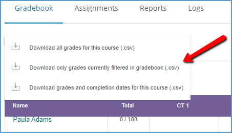 The download options are shown with the option to "Download only grades currently filtered in gradebook (.csv)" highlighted.