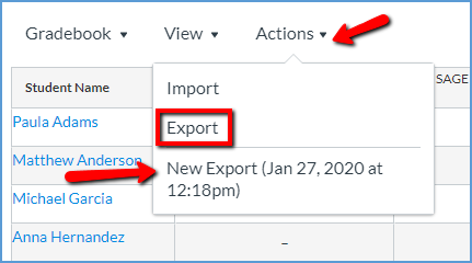 In the Actions menu, click Export. When the export file is ready, it will be listed under the Export menu option.