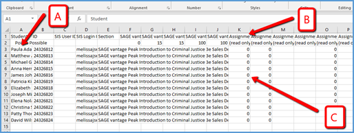 Here is information to match up between your Vantage and Canvas gradebooks: A. Number of students, B. Grade columns, C. Paste the grades from the Vantage to the Canvas gradebook.