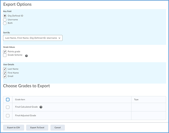 The export options for the D2L gradebook are shown.