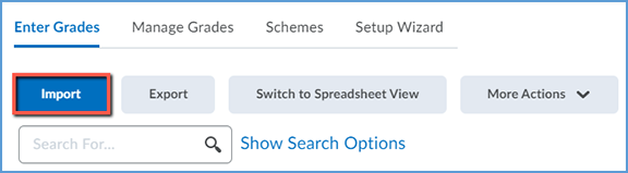 On the Grades page in D2L, the Import button is highlighted.