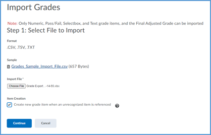 This image shows the selections available on the "Step 1: Select File to Import" page.