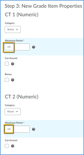 Point values are set for each grade item on the "Step 3: New Grade Item Properties" page.