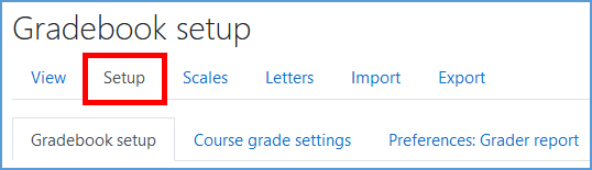 In the top navigation menu of the gradebook, Setup is the second tab from the left.