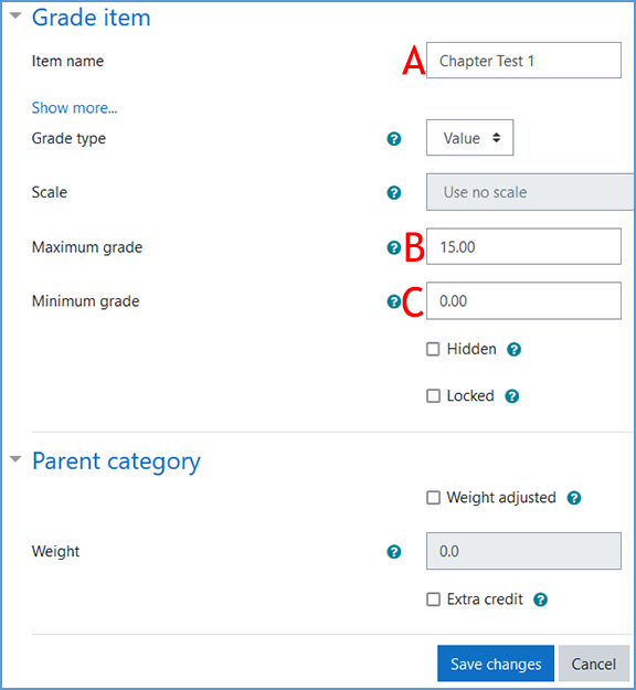 When adding a Grade Item, complete the Item Name and Maximum Grade fields. The Minimum Grade field defaults to 0.00 points, and should be left as is.