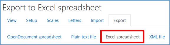 Once you are on the Export tab in your Moodle gradebook, you can choose the format of the export. The third option is "Excel spreadsheet."