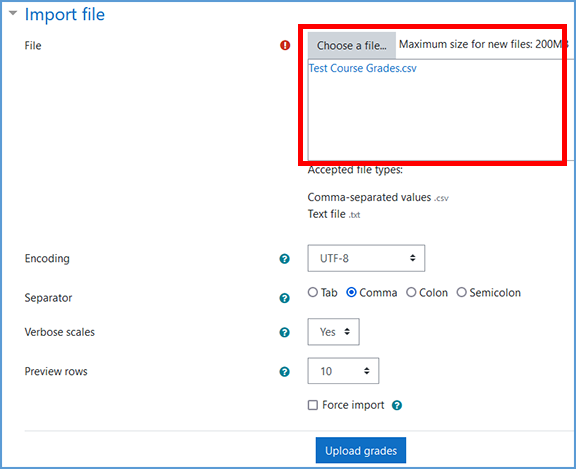 The Import tab in Moodle will default to importing a .csv file. You can drag and drop the file into the "File" area or you can click the "Choose a file" button. Once you've added the file, click the "Upload grades" button at the bottom of the page.