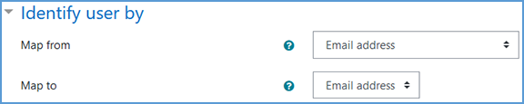 For Moodle to import the grades to each user, the user mapping must be assigned in Moodle. In the "Identify user by" section, the "Map from" dropdown is pulling the info from the spreadsheet and the "Map to" section is pairing it to the user within Moodle. The mapping option must be the same in both dropdowns for Moodle to pair the user correctly. In this example, both dropdowns are set to "Email address."