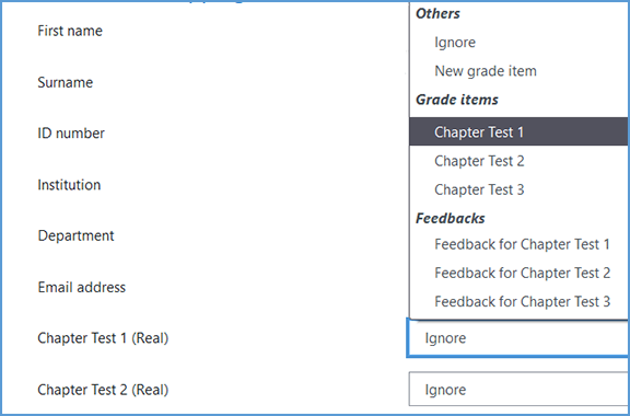 In the "Grade item mappings" section, each gradebook item being imported in the spreadsheet needs to be mapped to an existing gradebook item in Moodle. Next to each gradebook item, click "Ignore" to open the mapping menu. Since the gradebook items in the spreadsheet should have the same titles as the gradebook items in Moodle, you can do a one-to-one mapping (for example, Chapter Test 1 will map to Chapter Test 1).