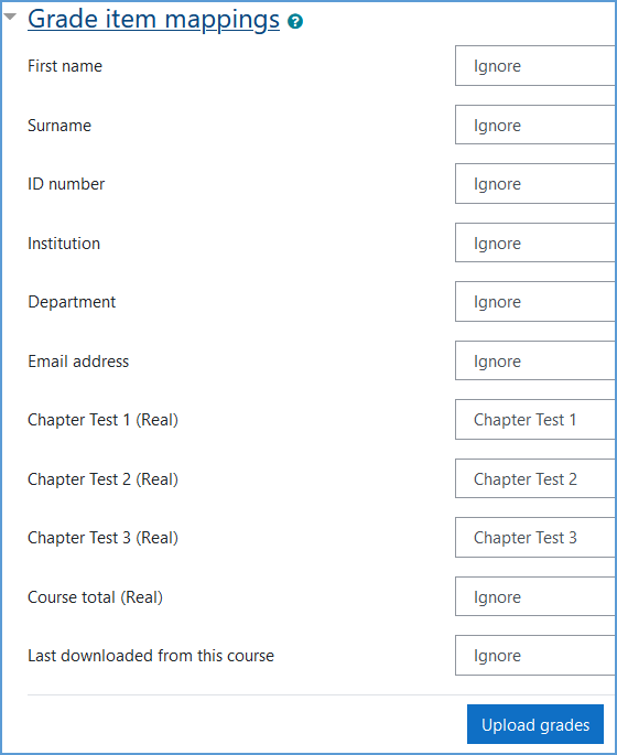 Once you've mapped the gradebook items, everything that you need to import in the list should be mapped to a gradebook item. Anything else in the list will say "Ignore." Click the "Upload grades" button at the bottom of the page to begin the import.