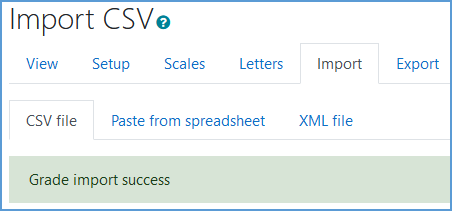 When you import grades, and Moodle doesn't run into any issues, you will receive a message that says "Grade import success."