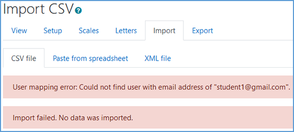 When you import grades, and Moodle doesn't like something about the information, it will give you a message explaining where the problem occurred. In this sample image, the error says "User mapping error: Could not find user with email address of 'student1@gmail.com'. Import failed. No data was imported."