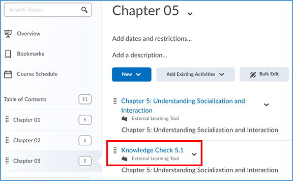 In a content module, click on the vantage assignment you want to delete. In this example, we click on Knowledge Check 5.1.