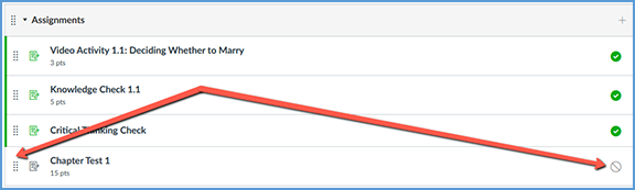 On the Assignments page, one Vantage assignment in the list is not published. Arrows point to the two areas of the assignment that show it is not published: a missing bar to the left of the line item and a missing green check mark circle to the right of the line item.