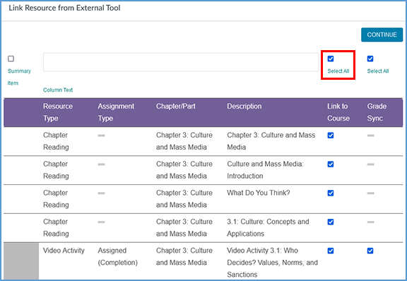 To add a link for everything in the sorted list, the checkbox for "Select All" can be ticked. This checkbox appears at the top of the page, just above the "Link to Course" column.