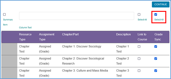 To add a grade sync for everything in the sorted list, the checkbox for "Select All" can be ticked. This checkbox appears at the top of the page, just above the "Grade Sync" column.