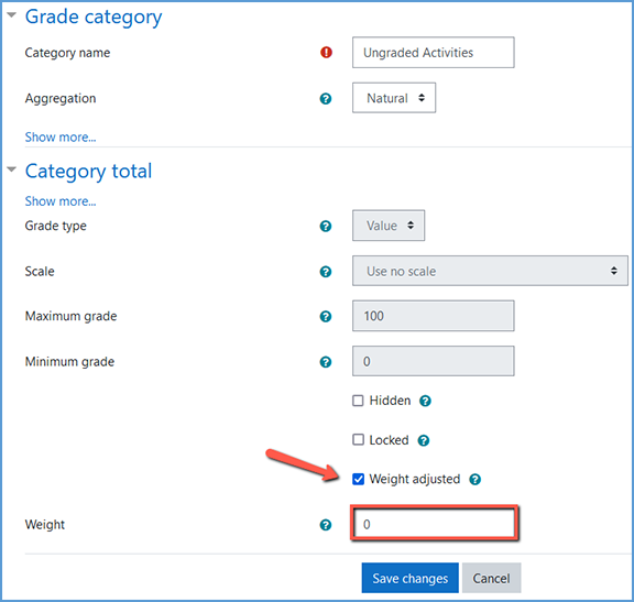 When adding the new category, give the category a meaningful name. Tick the "Weight adjusted" checkbox and set the weight to 0. Click "Save changes" to create the category.