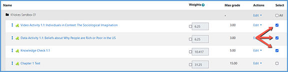 The far right column on the Gradebook Setup page allows you to choose specific items. Check the box next to all Vantage assignments that you want to exclude from the final grade calculations.