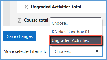 Once you have checked the boxes for all assignments you want to exclude, click the dropdown menu next to "Move selected items to" at the bottom left of the page. Pick the category you created.