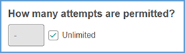 This image shows the area where you can set the number of attempts per assignment. The unlimited box is checked in this sample. Unchecking the box allows a number to be specified in the textbox.