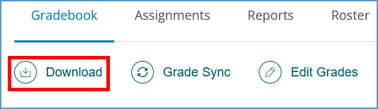 The Gradebook includes several tools to help you better manage the gradebook. At the top left of the gradebook, the first tool is Download which downloads a CSV of your gradebook.