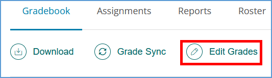 This image shows the tool menu at the top left of the gradebook. The third option is "Edit Grades."