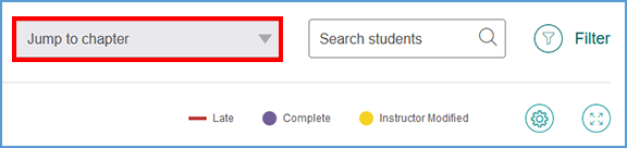 At the top right of the gradebook, you can use "Jump to chapter" to select a chapter from the textbook. When you select a chapter, the gradebook jump to the columns for that chapter.