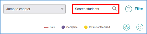 At the top right of the gradebook, you can locate students quickly by using the "Search students" tool.
