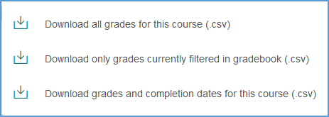 This images shows the three options available for downloading the gradebook in CSV format: all grades, grades based on currently selected filters, grades with completion dates.