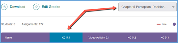 This example images shows the "Jump to chapter" dropdown set to Chapter 5 and the gradebook columns have moved to the first assignment in Chapter 5.