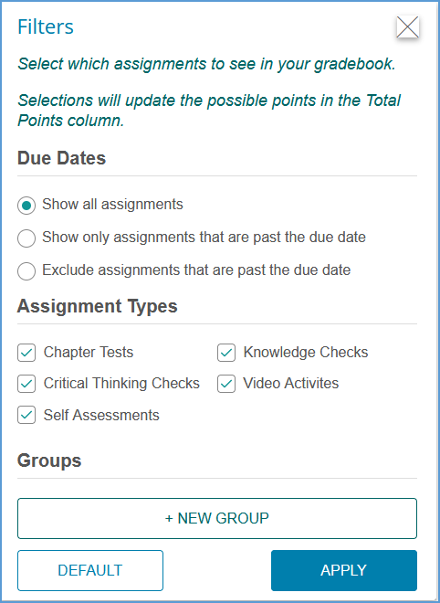 The gradebook Filters menu allows you to update the gradebook display based on due dates, assignment types or groups.