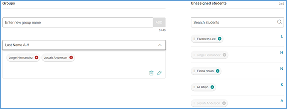 Once you add a group, you can drag and drop students from the right side of the Groups page to the group on the left side of the page.