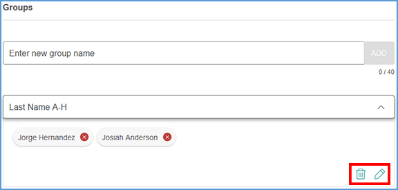 Once you create a group, you can delete or edit it by clicking the appropriate icon at the bottom right of the Group's page.