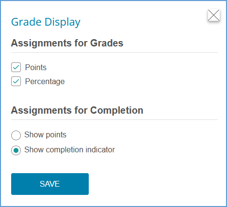 On the Grade Display page, you can change the default settings for all assignments. For assignments for grades, you can choose to show points, percentages, or both. For assignments for completion, you can choose to show points or a completion indicator.