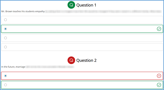 When reviewing a student's attempt for an assignment, you can see which questions they received and how they answered. Each question has a visual indicator to quickly see if they answered right (green) or wrong (red).