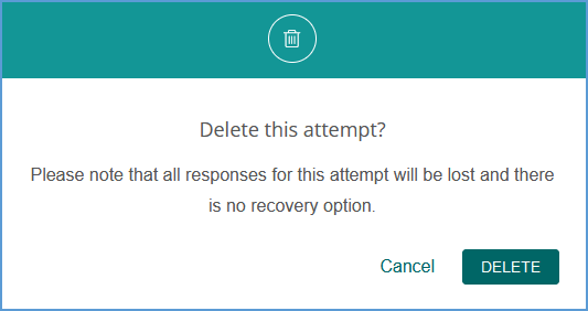 When you click "Delete" to remove a student's assignment attempt, a pop-up message appears asking you to confirm that you want to delete it. Click "Delete" in the pop-up to continue and remove the attempt. Click "Cancel" to exit without deleting the attempt.