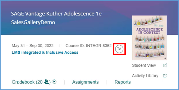 When a user joins a course as a TA, the course tile displays a TA icon next to the Course ID.