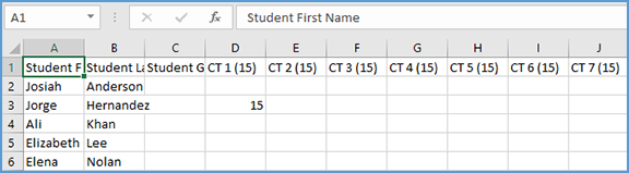 This image shows a sample of the CSV file for the gradebook download that includes all grades based on currently selected filters in the gradebook.